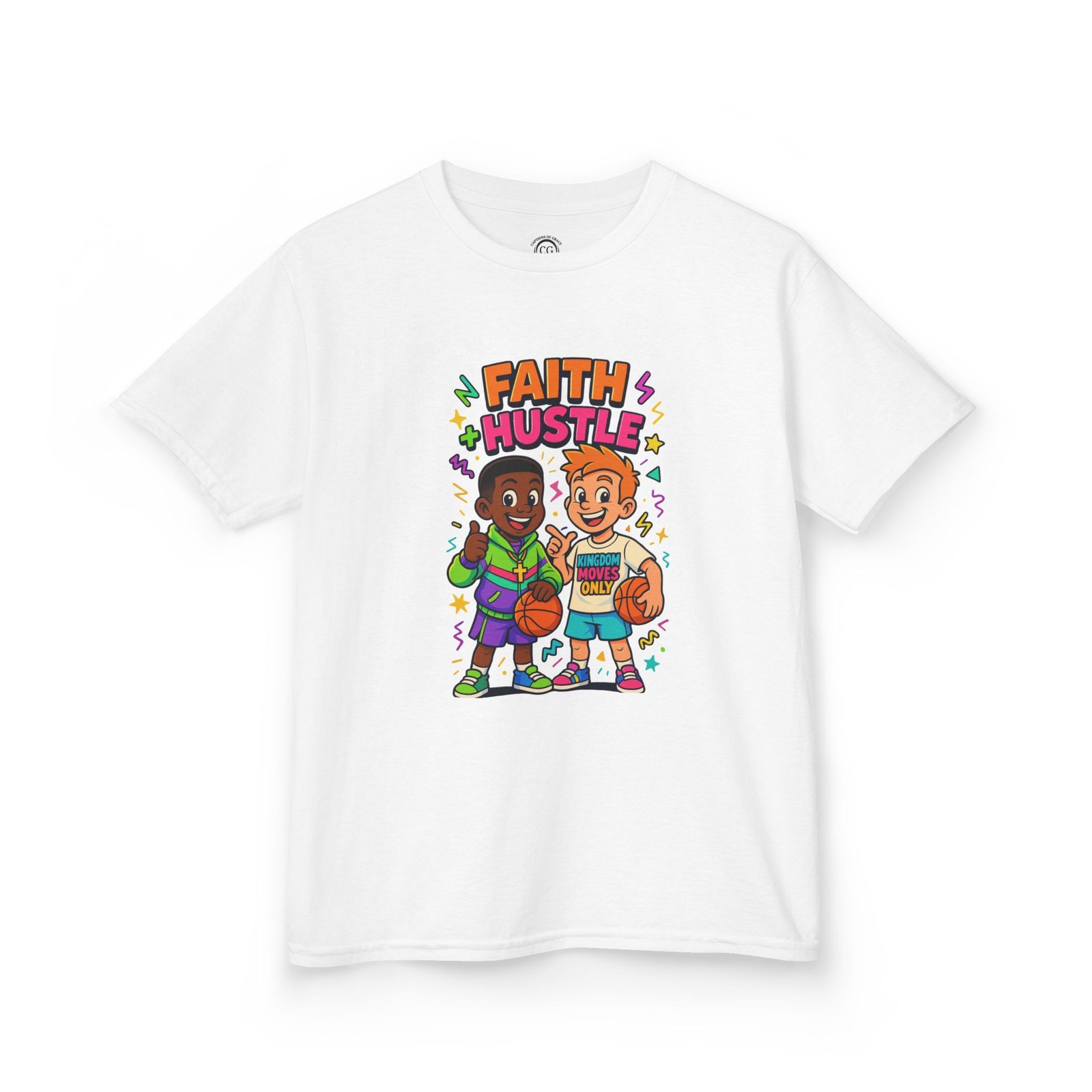 Kids T-Shirt - "Faith Hustle" Colorful Cartoon Basketball Design - Image 3