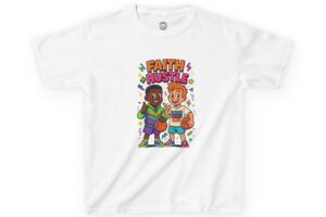 Kids T-Shirt - "Faith Hustle" Colorful Cartoon Basketball Design