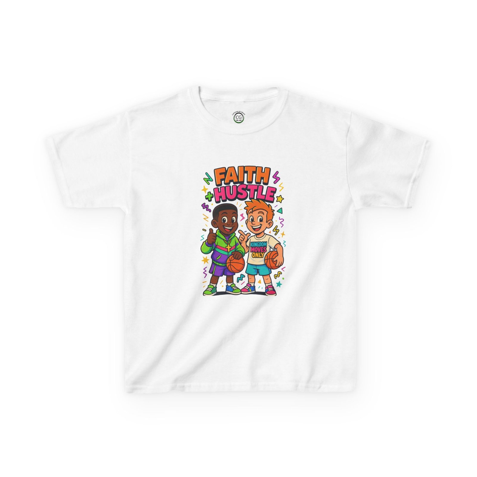 Kids T-Shirt - "Faith Hustle" Colorful Cartoon Basketball Design